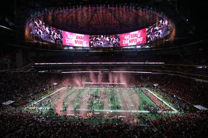 View of the confetti falling as Alabama Crimson Tide wins the game in overtime against the Georgia Bulldogs in the 2018 CFP national championship college football game at Mercedes-Benz Stadium.